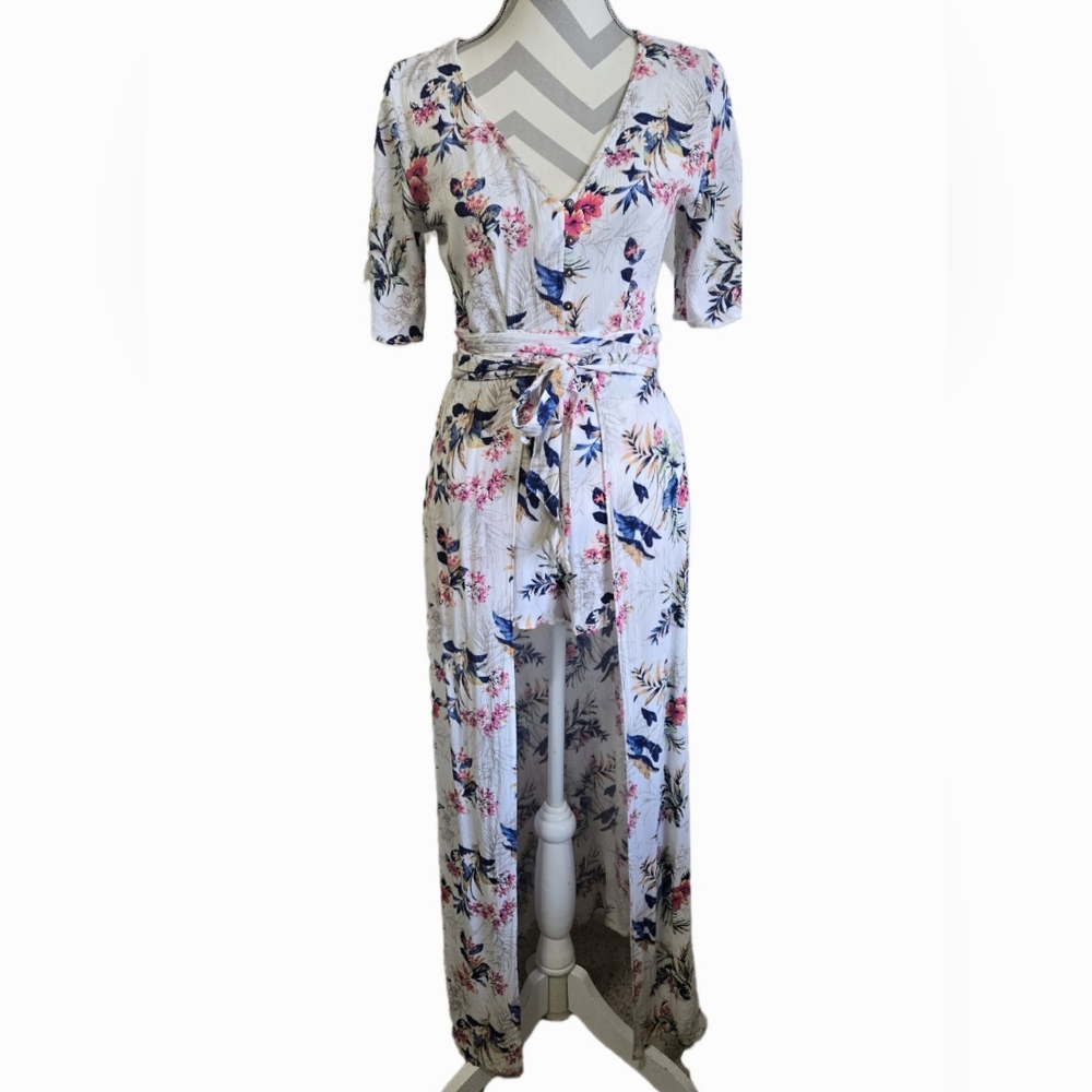 American Eagle Floral Romper Maxi Skirt Overlay Open Back Boho Festival Size 6